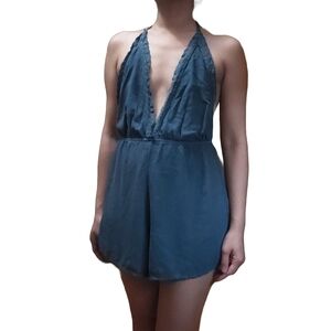 Blue Halter Backless Shorts Romper OSFM Casual Beach Coverup